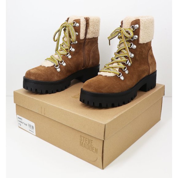 NWT Steve Madden Aniko Boot Faux Fur Trim Lug Sole Lace Up Platforms Chestnut 7 - Picture 3 of 9